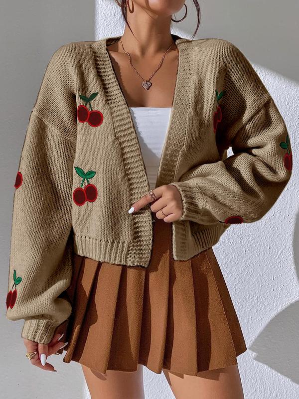Women's Cute Cherry Print Open Front Drop Shoulder Cardigan, Fitted Knitting Vneck Lady Top, Comfort Casual Longsleeves Knitwear Top for Fall, Cardigan Sweater, Women's Simple Outerwear, Spring Outfit, Fall Outfits, Fallfreshness, Casual Outfit